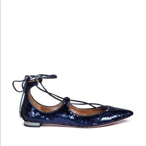 Aquazzura christy blue sequin lace-up flat shoes 7